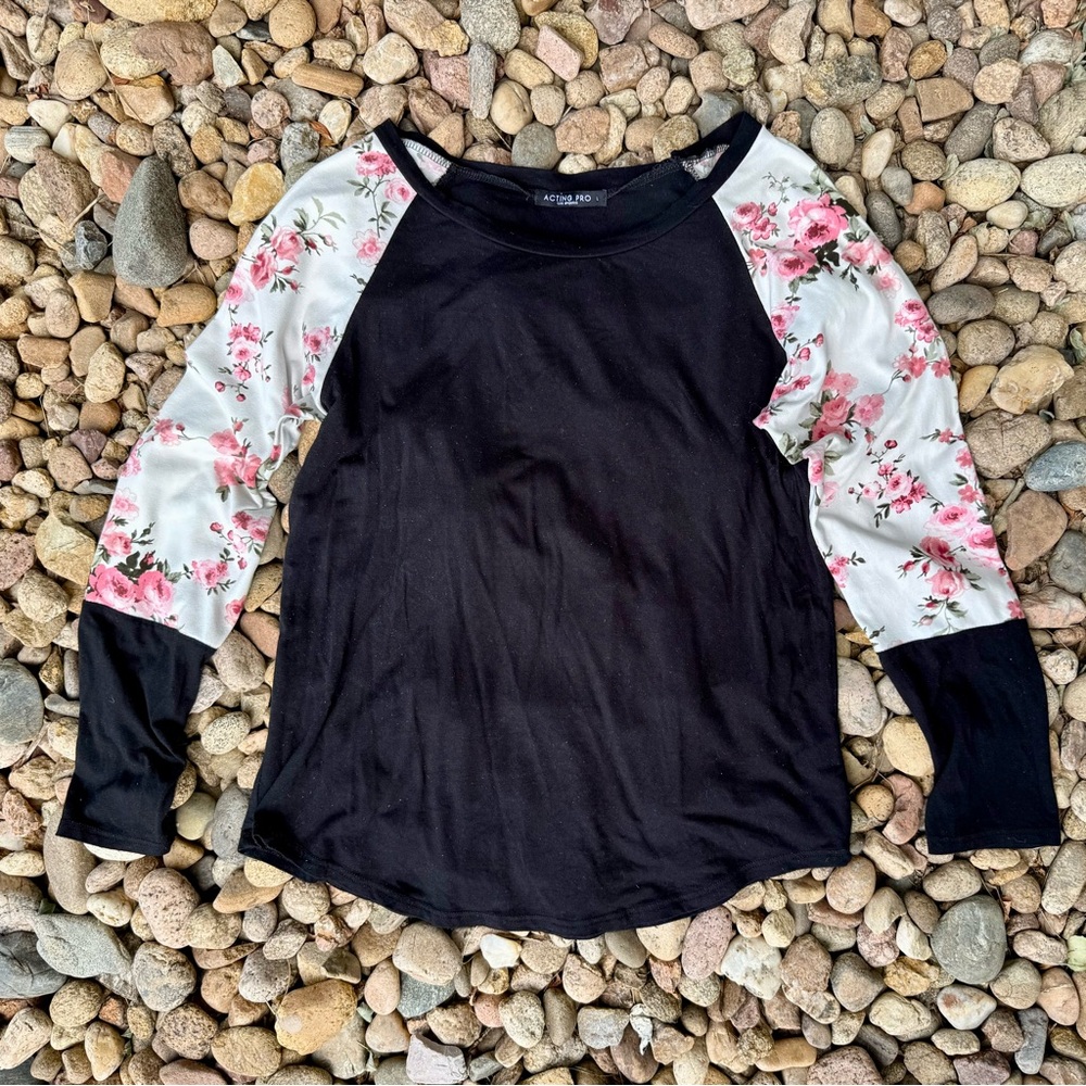 Acting Pro Black Top with Floral Sleeves